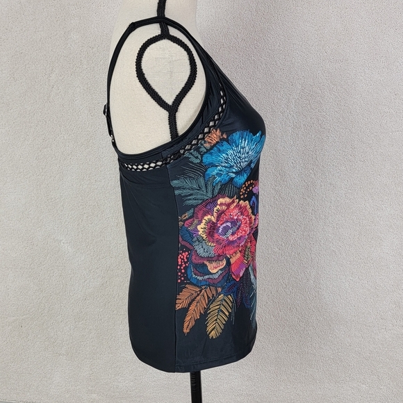 Free Country Black Macrame Floral Print Quick Dri Tankini Swim Top Sz M NEW - Picture 5 of 16
